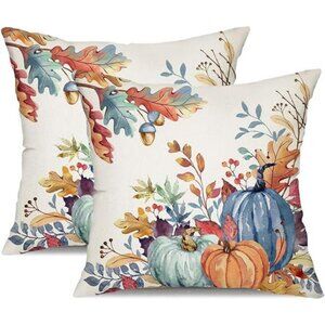 18x18 inch Set of 2 Blue and Green Watercolor Pumpkin Leaf Throw Pillow Covers‎